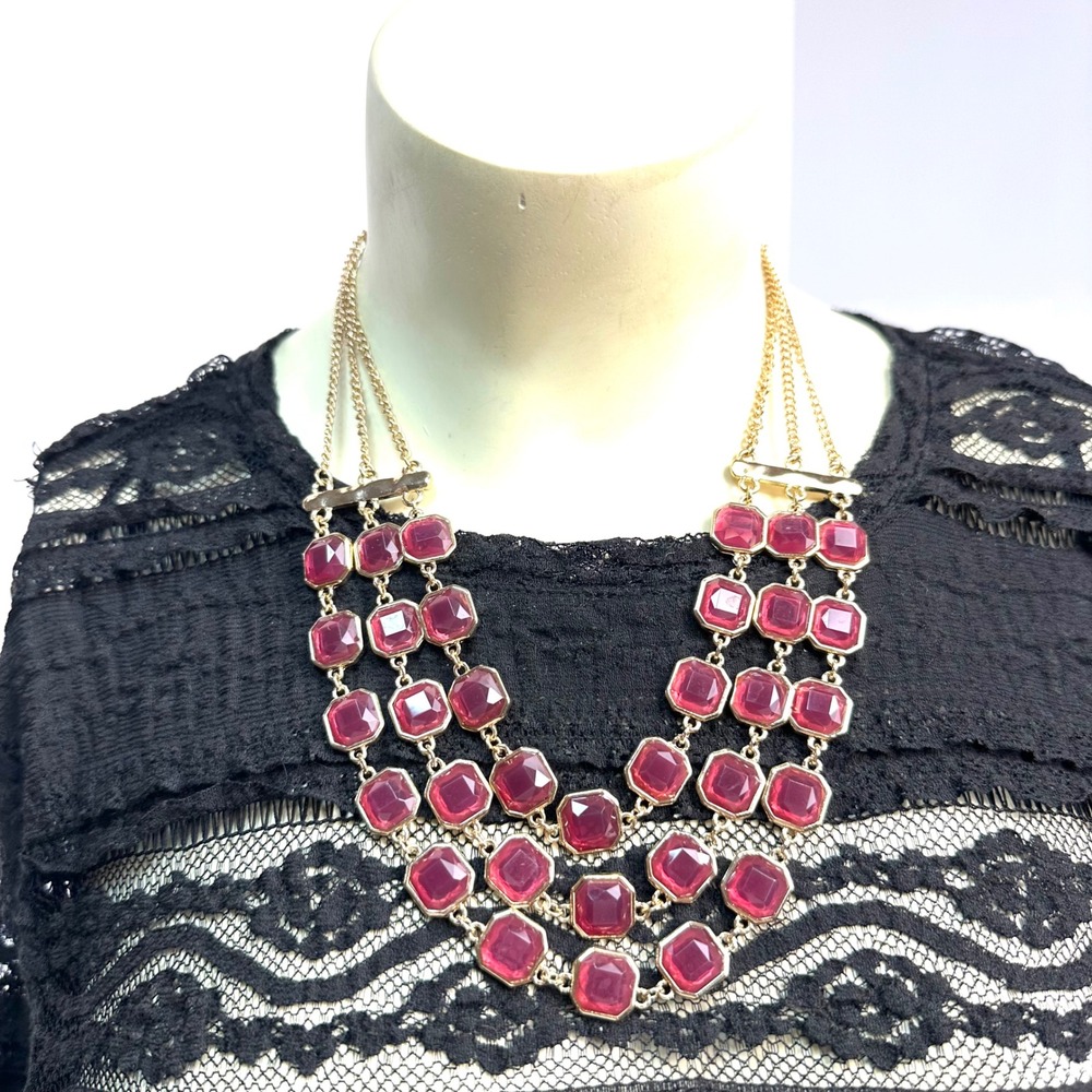 Gypsy Fuchsia Pink Gold Tone Multi Strand Tiered Statement Necklace Square Jewel